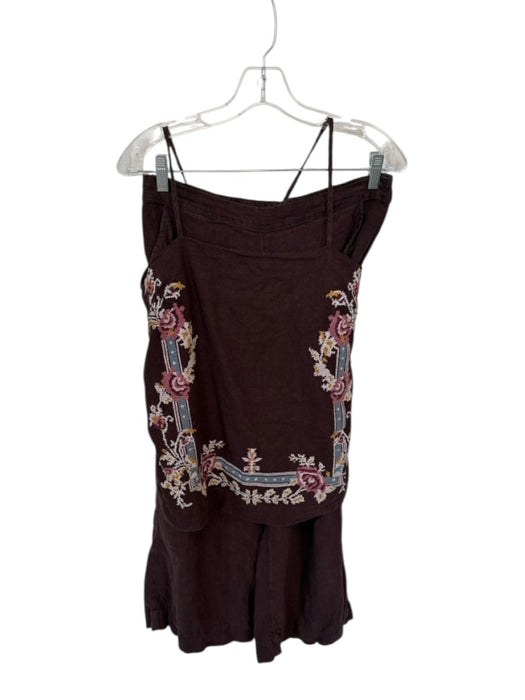 Free People Size Small Brown & Multi Linen Blend Slit embroider neck Pant Set Brown & Multi / Small