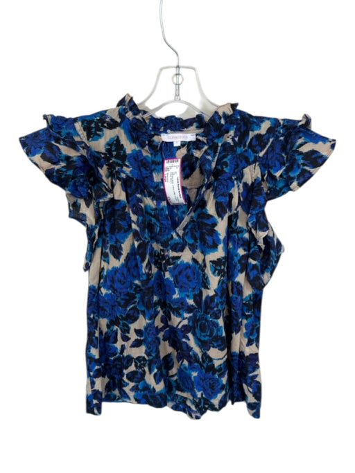 Olivaceous Size Large blue and white Cotton ruffles V Neck Floral Top blue and white / Large