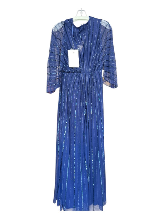 MacDuggal Size 6 Navy Sequin Mesh Overlay Short Sleeve V Neck Gown Navy / 6