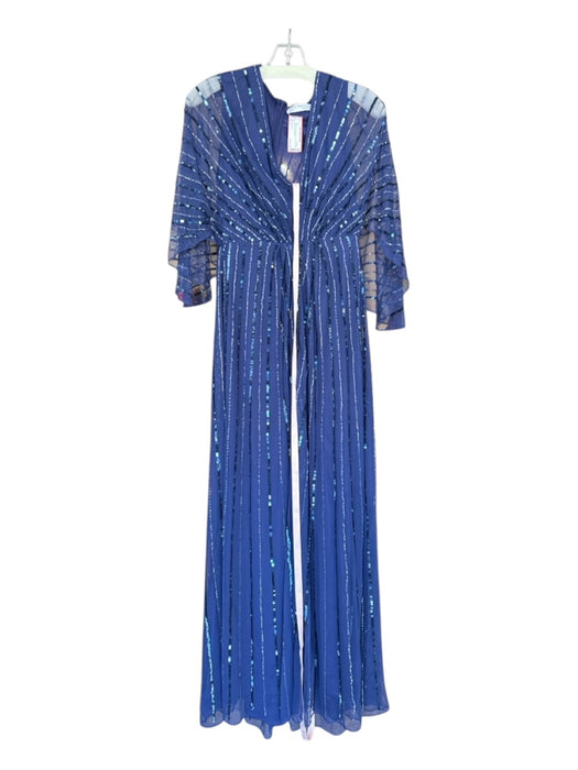 MacDuggal Size 6 Navy Sequin Mesh Overlay Short Sleeve V Neck Gown Navy / 6