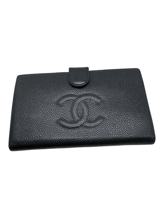 Chanel Black Leather Caviar Logo Snap Vintage Wallets Black
