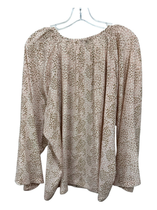Tucker Size XL Pink, White, Brown Silk Dots Button Up Smock Neck Long Sleeve Top Pink, White, Brown / XL