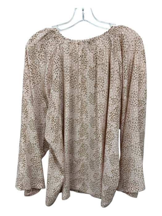 Tucker Size XL Pink, White, Brown Silk Dots Button Up Smock Neck Long Sleeve Top Pink, White, Brown / XL
