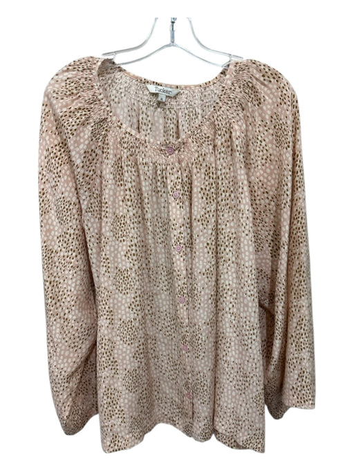 Tucker Size XL Pink, White, Brown Silk Dots Button Up Smock Neck Long Sleeve Top Pink, White, Brown / XL