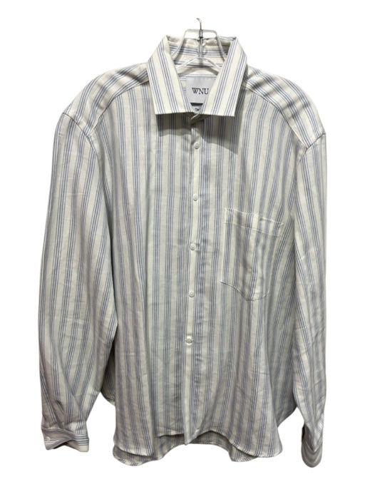 WNU Size 14 White & Blue Hemp & Cotton Button Up Striped Breast Pocket Top White & Blue / 14