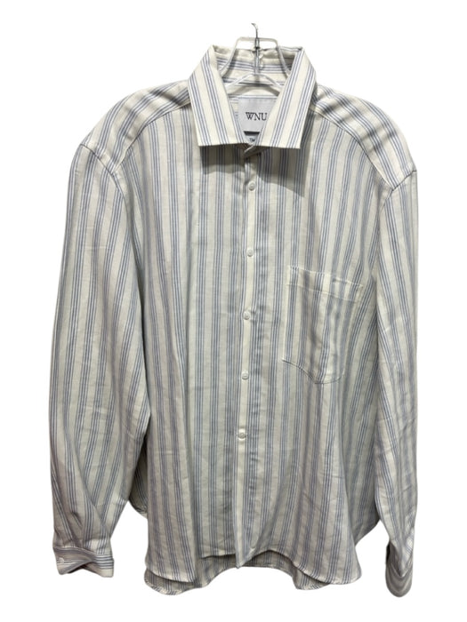 WNU Size 14 White & Blue Hemp & Cotton Button Up Striped Breast Pocket Top White & Blue / 14