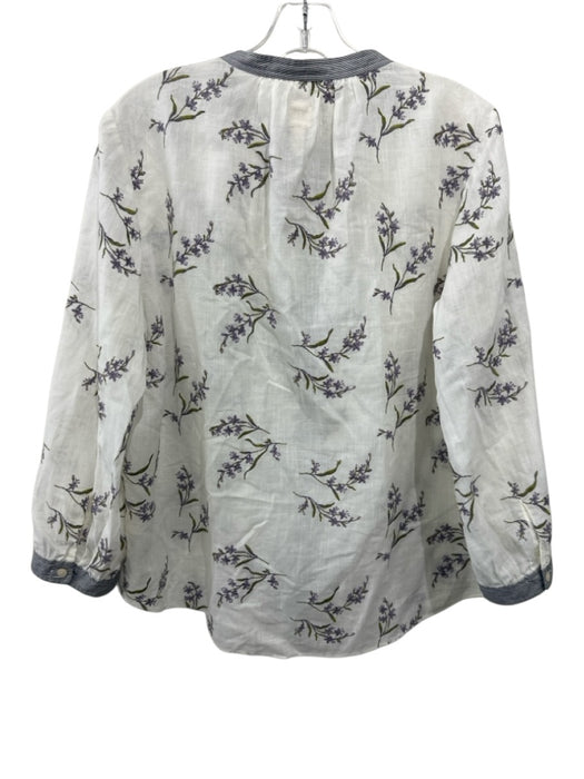 La Vie Rebecca Taylor Size XL Cream & Purple Print Cotton Blend Floral Sheer Top Cream & Purple Print / XL