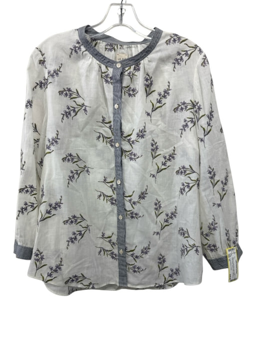 La Vie Rebecca Taylor Size XL Cream & Purple Print Cotton Blend Floral Sheer Top Cream & Purple Print / XL