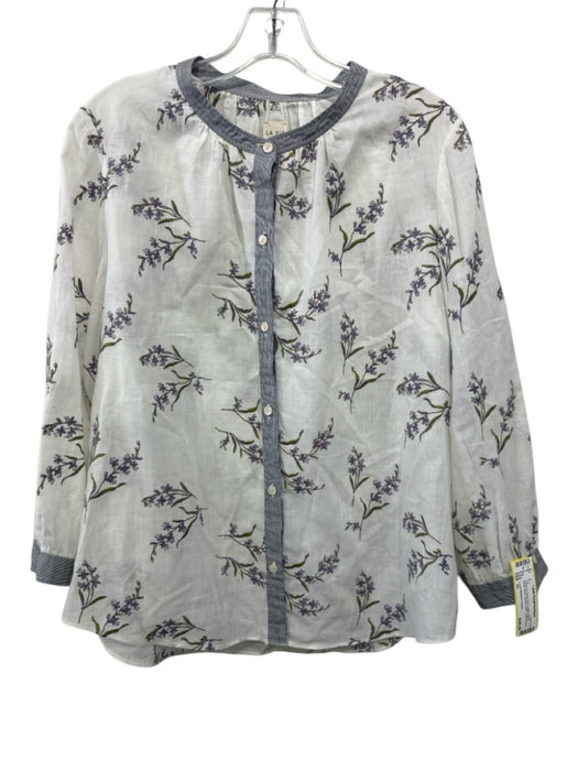 La Vie Rebecca Taylor Size XL Cream & Purple Print Cotton Blend Floral Sheer Top Cream & Purple Print / XL