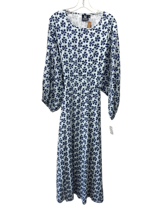 Madison Mathews Size 3XL White & Navy Cotton Blend Floral 3/4 Sleeve Midi Dress White & Navy / 3XL