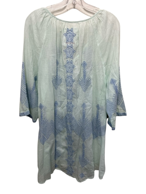 Johnny Was Size XL Light Aqua Cotton Sheer Embroidered Long Sleeve Tunic Top Light Aqua / XL