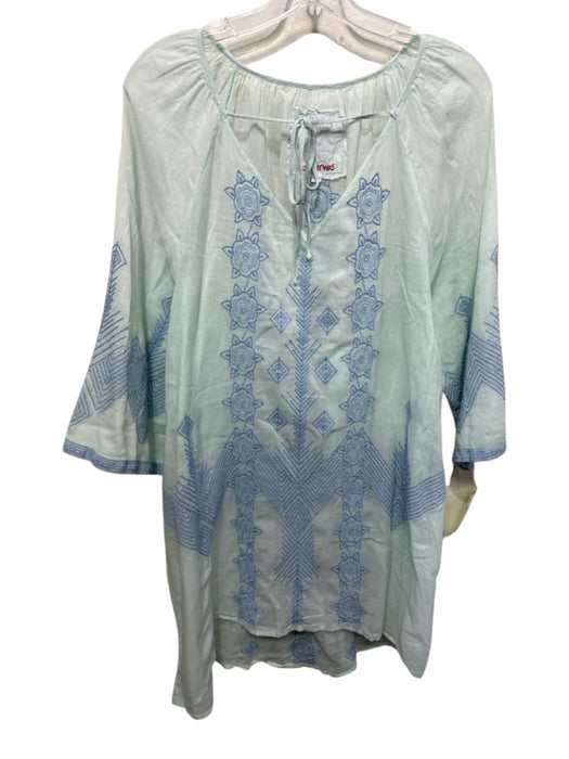 Johnny Was Size XL Light Aqua Cotton Sheer Embroidered Long Sleeve Tunic Top Light Aqua / XL