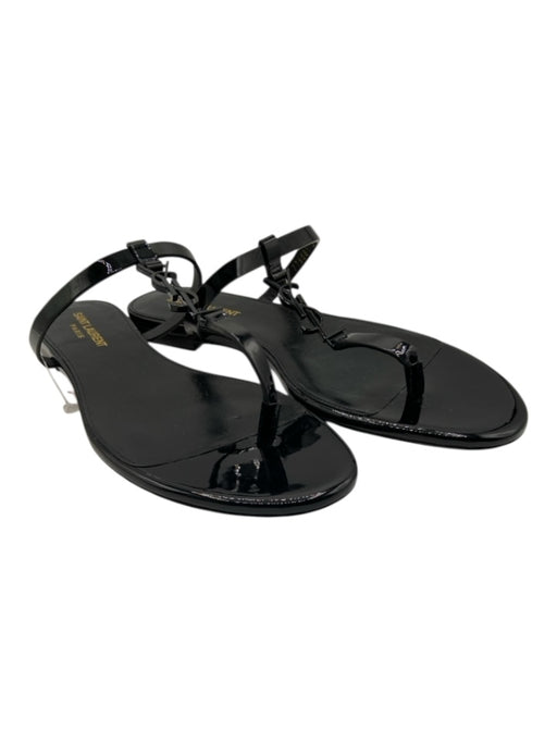 Saint Laurent Shoe Size 39.5 Black Patent Leather Logo Round Toe Thong Sandals Black / 39.5
