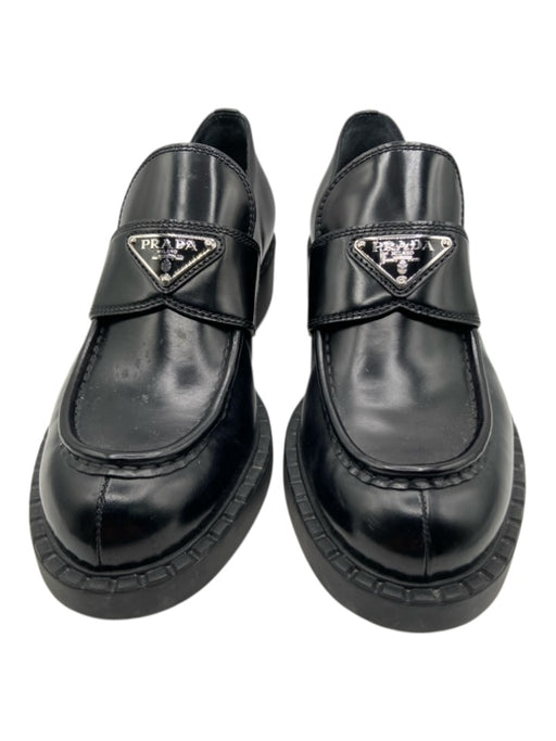 Prada Shoe Size 39.5 Black & Silver Leather round toe Platform Logo loafer Flats Black & Silver / 39.5