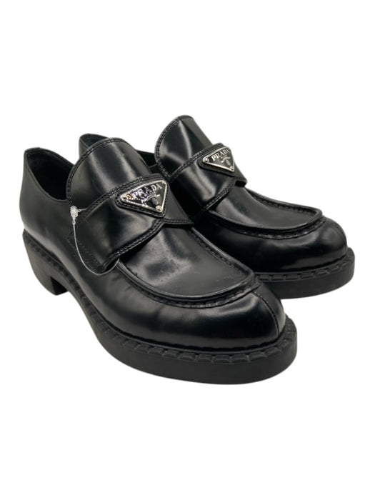 Prada Shoe Size 39.5 Black & Silver Leather round toe Platform Logo loafer Flats Black & Silver / 39.5