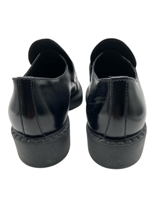 Prada Shoe Size 39.5 Black & Silver Leather round toe Platform Logo loafer Flats Black & Silver / 39.5