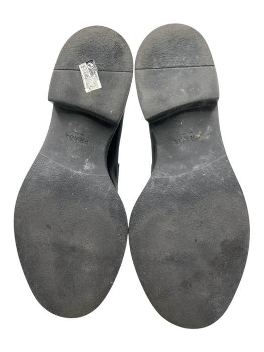 Prada Shoe Size 39.5 Black & Silver Leather round toe Platform Logo loafer Flats Black & Silver / 39.5