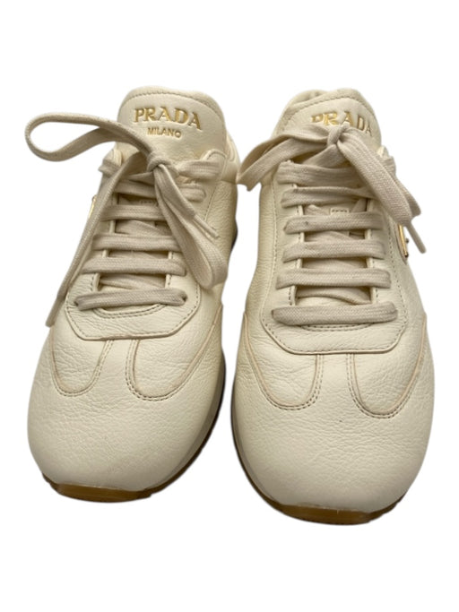 Prada Shoe Size 39.5 White & Gold Leather round toe Logo Lace Up Sneakers White & Gold / 39.5