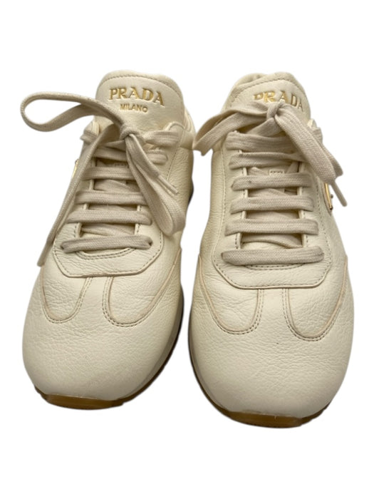 Prada Shoe Size 39.5 White & Gold Leather round toe Logo Lace Up Sneakers White & Gold / 39.5