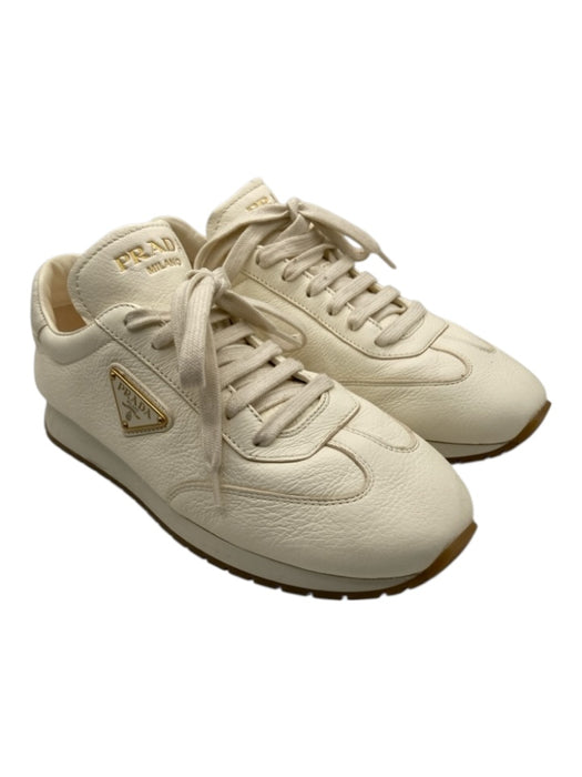 Prada Shoe Size 39.5 White & Gold Leather round toe Logo Lace Up Sneakers White & Gold / 39.5