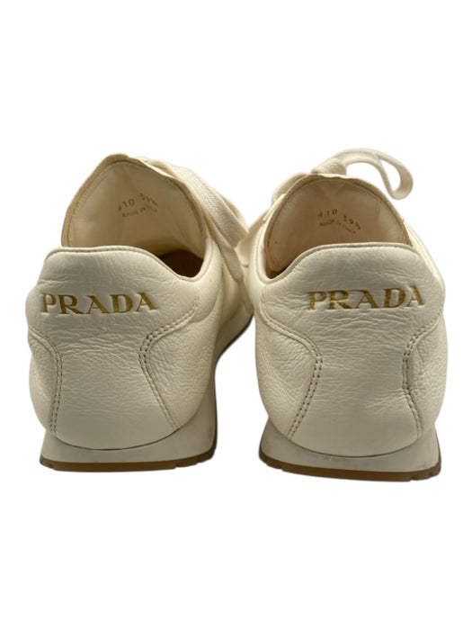 Prada Shoe Size 39.5 White & Gold Leather round toe Logo Lace Up Sneakers White & Gold / 39.5