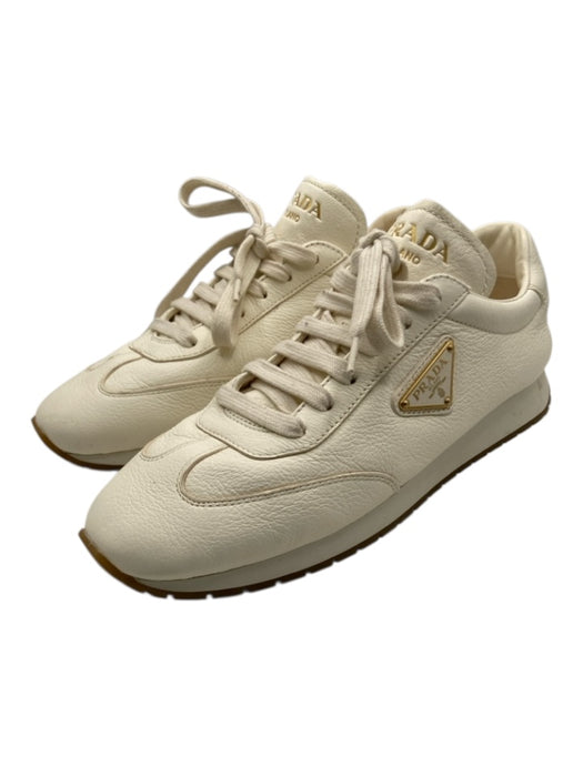 Prada Shoe Size 39.5 White & Gold Leather round toe Logo Lace Up Sneakers White & Gold / 39.5