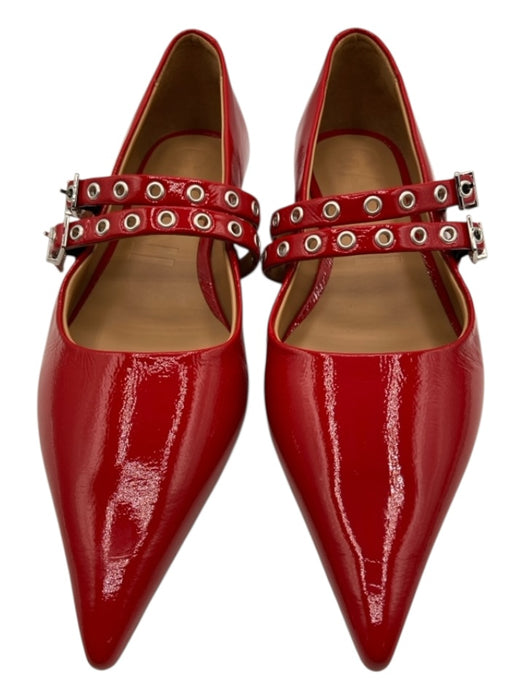 Ganni Shoe Size 40 Red Patent Leather Grommet Detail Buckles Pointed Toe Flats Red / 40