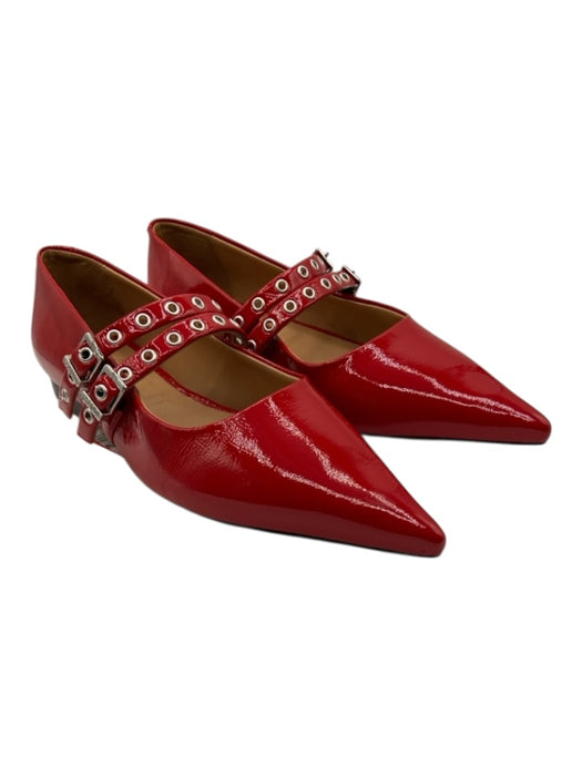 Ganni Shoe Size 40 Red Patent Leather Grommet Detail Buckles Pointed Toe Flats Red / 40