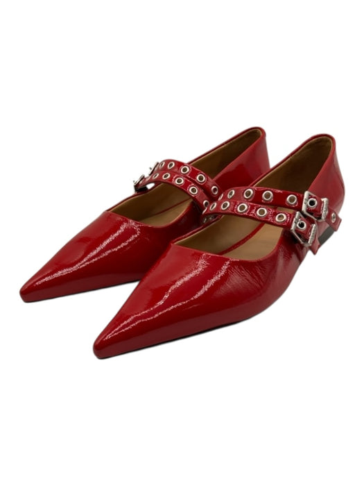 Ganni Shoe Size 40 Red Patent Leather Grommet Detail Buckles Pointed Toe Flats Red / 40