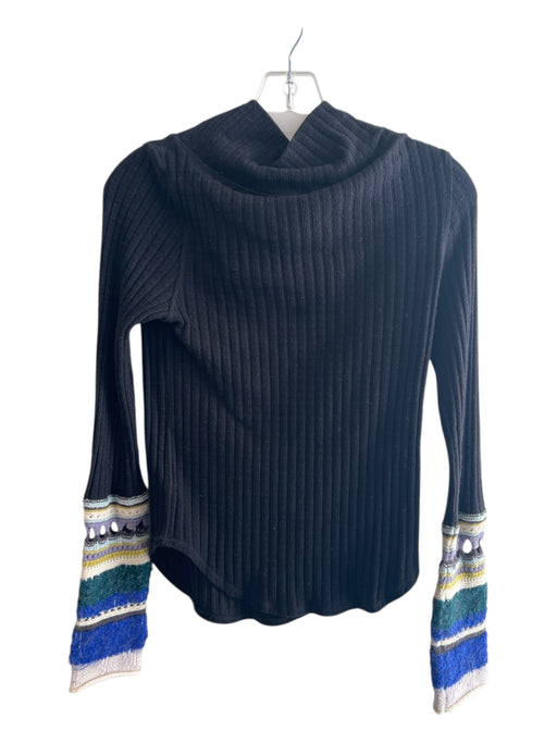 Free People Size 3 Black Cotton Ribbed Detail Boat Neck Sleeve Detail Top Black / 3