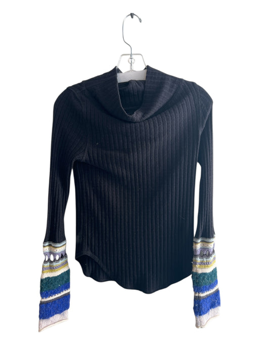 Free People Size 3 Black Cotton Ribbed Detail Boat Neck Sleeve Detail Top Black / 3