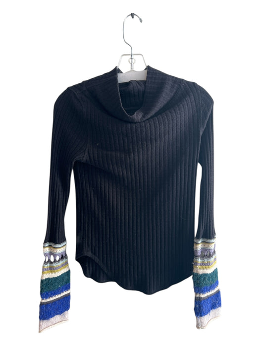 Free People Size 3 Black Cotton Ribbed Detail Boat Neck Sleeve Detail Top Black / 3