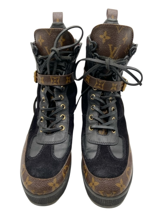 Louis Vuitton Shoe Size 37 Black & Brown Leather Suede Buckle Platform Boots Black & Brown / 37