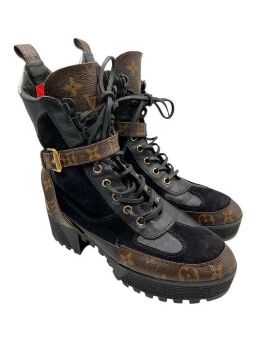 Louis Vuitton Shoe Size 37 Black & Brown Leather Suede Buckle Platform Boots Black & Brown / 37