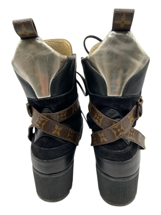 Louis Vuitton Shoe Size 37 Black & Brown Leather Suede Buckle Platform Boots Black & Brown / 37