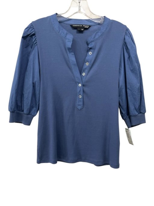 Veronica Beard Size L Blue Pima Cotton Button Detail Puff Sleeves Top Blue / L