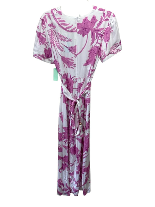 Melissa Odabash Size L White & Pink Viscose Pleated V Neck Side Pockets Dress White & Pink / L