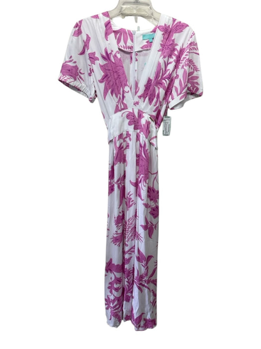 Melissa Odabash Size L White & Pink Viscose Pleated V Neck Side Pockets Dress White & Pink / L