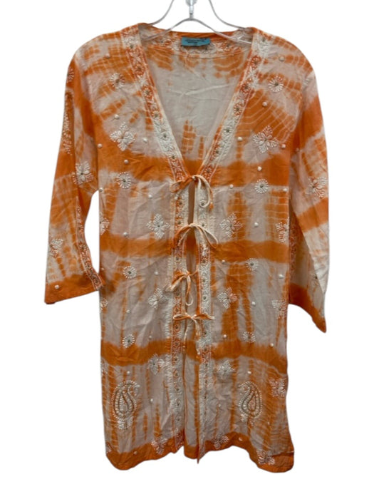 Letarte Size S White & Orange Cotton Tie Dye Embroidered Detail Tie Front Robe White & Orange / S
