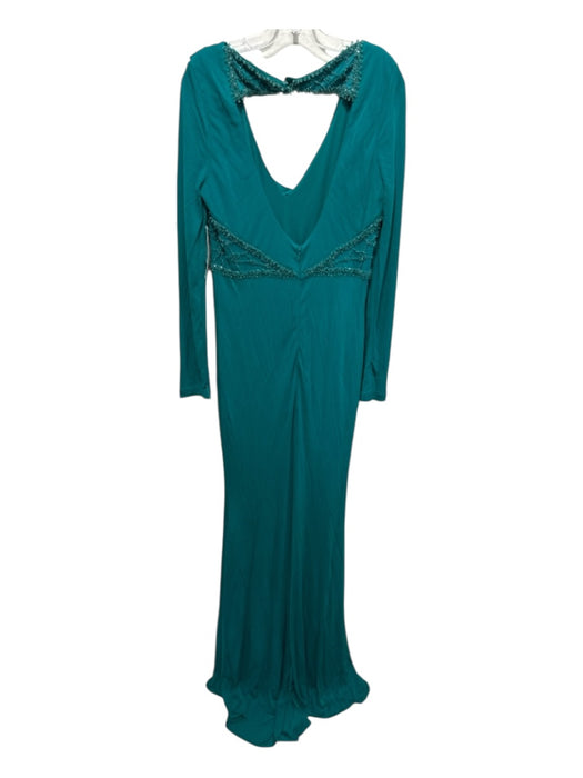 Badgley Mischka Size 12 Teal Green Viscose Beaded Detail Cowl Neck Train Gown Teal Green / 12
