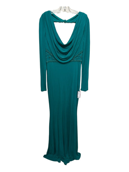 Badgley Mischka Size 12 Teal Green Viscose Beaded Detail Cowl Neck Train Gown Teal Green / 12