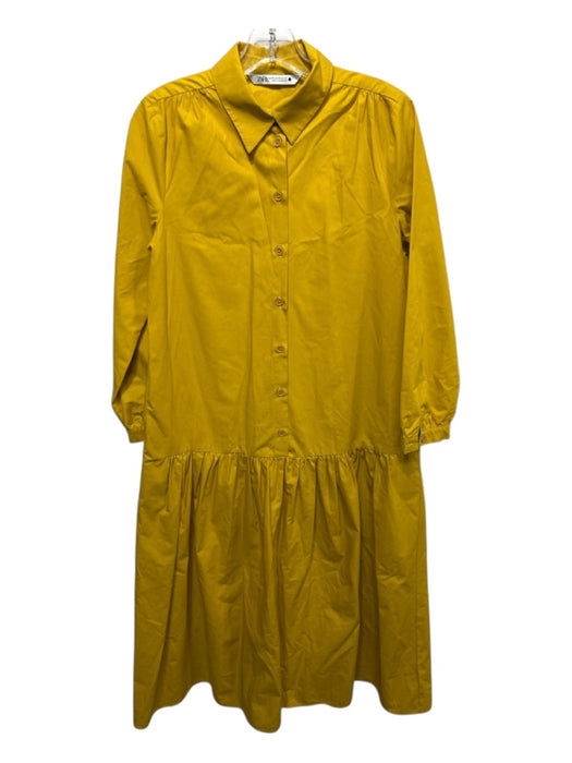 Zara Size XS Marigold Yellow Cotton Long Sleeve Solid Button Up & Collar Dress Marigold Yellow / XS
