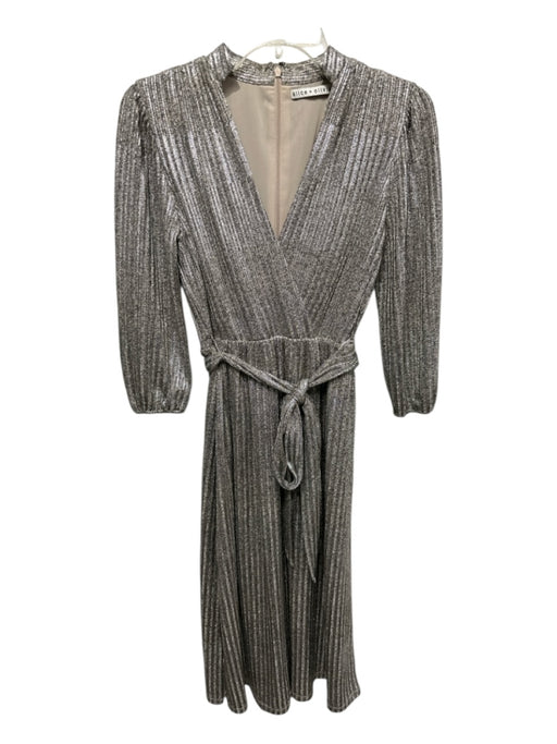 Alice + Olivia Size 0 Silver Polyester Blend Long Sleeve Metallic V Neck Dress Silver / 0