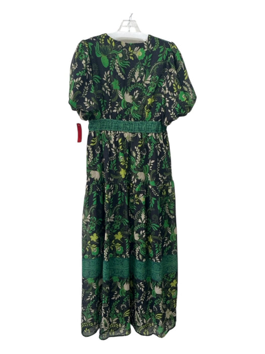 Entro Size M Green & Black Print Polyester Floral Short Puff Sleeve Maxi Dress Green & Black Print / M