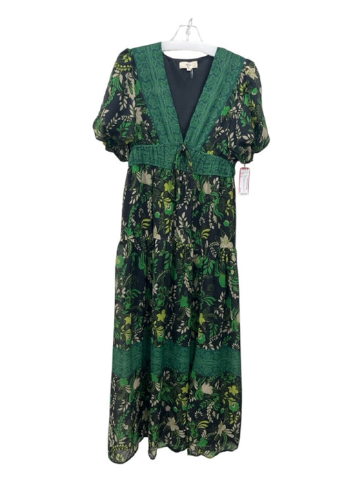 Entro Size M Green & Black Print Polyester Floral Short Puff Sleeve Maxi Dress Green & Black Print / M