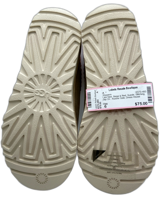 Ugg Shoe Size 6 Beige & Red Suede Stitching Slip On Rubber Sole Slippers Beige & Red / 6