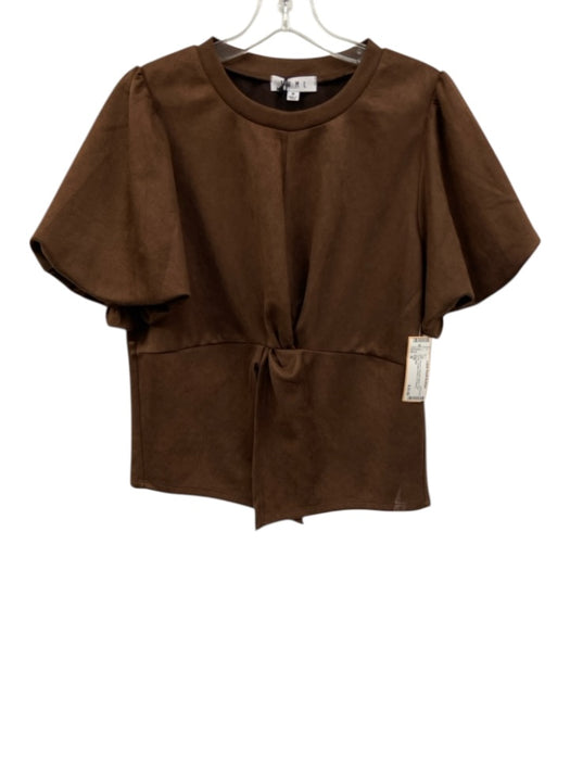 THML Size M Brown Polyester Blend Faux Suede Knotted Waist Puff Sleeve Top Brown / M