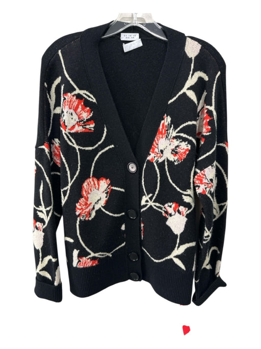 Akris Punto Size 8 Black, White, Red Wool Blend Button Floral Abstract Cardigan Black, White, Red / 8