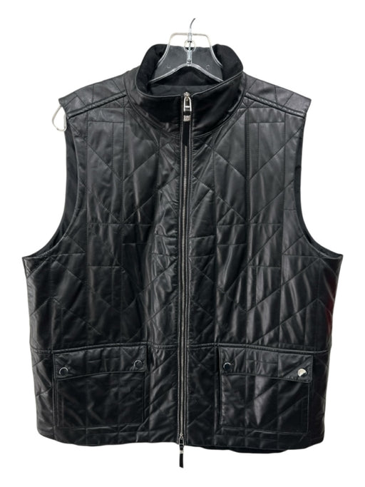 Lafayette 148 Size L Black Leather Zip Front Quilted Pockets Vest Black / L