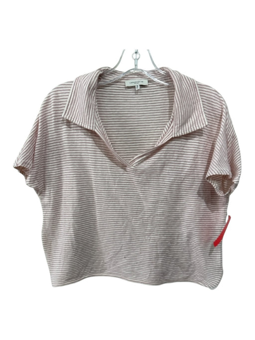 Lafayette Size S White & Pink Cotton Stripe Collar V Neck short sleeve Top White & Pink / S